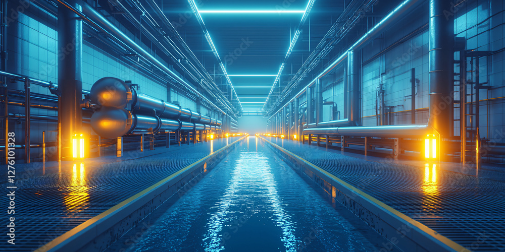 futuristic desalination plant with intricate filtration pipes, purifying saltwater into a crystal-clear freshwater supply futuristic desalination plant with intricate filtration pipes, purifying saltwater into a crystal-clear freshwater supply