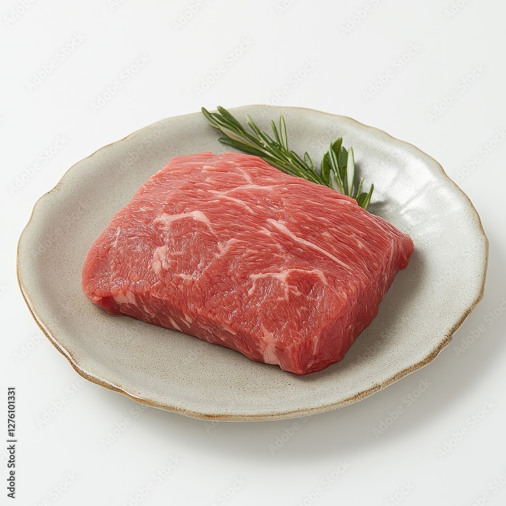 Raw Beef Steak on Plate with Rosemary Garnish.