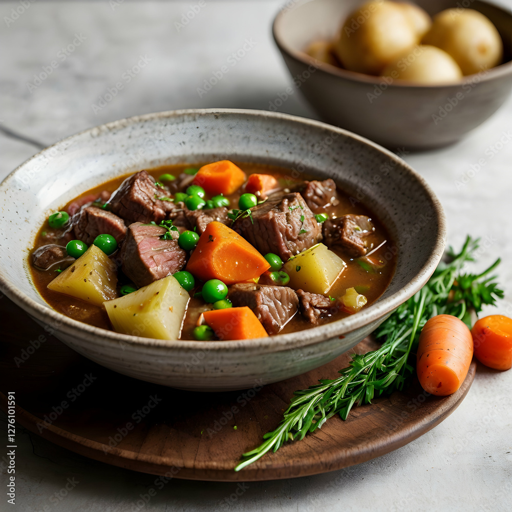 A bowl of hearty beef and vegetable stew, featuring tender chunks of beef, carrots, potatoes, peas, and onions in a rich, savory broth. The stew is steaming gently, with fresh herbs sprinkled on top. A bowl of hearty beef and vegetable stew, featuring tender chunks of beef, carrots, potatoes, peas, and onions in a rich, savory broth. The stew is steaming gently, with fresh herbs sprinkled on top.