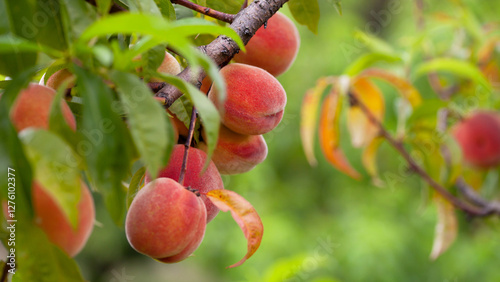 The peach - Prunus persica  - is a fruit bearing  tree. Red, ripe peaches with juicy yellow flash  in the orchard.