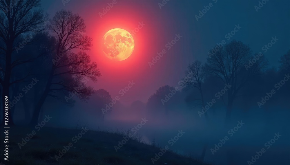 Fototapeta premium Full moon illuminating the dark and misty fog, atmosphere, darkness, eerie