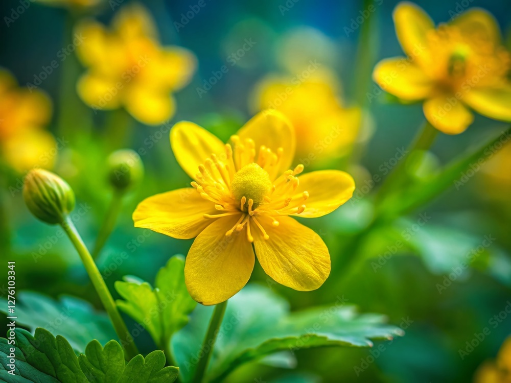 Celandine Medicinal Herb: Blooming Flowers & Grass in Soft Focus Nature Background Celandine Medicinal Herb: Blooming Flowers & Grass in Soft Focus Nature Background
