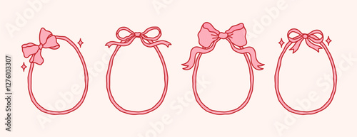 Set of egg shaped ribbon frames with coquette bow. Holiday background for greeting cards, invitations, social media. Whimsical borders design for Happy Easter