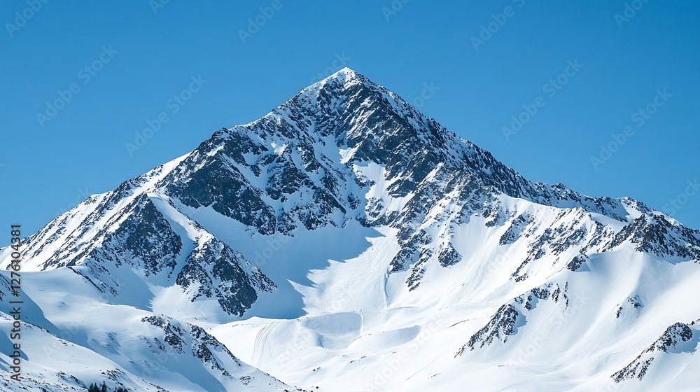 Majestic snow capped mountain peak against clear blue sky Majestic snow capped mountain peak against clear blue sky