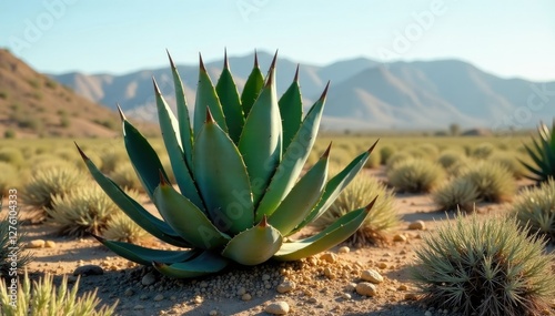 Mature maguey agave americana with thick stem and flat leaves, desert, leafy, cactus