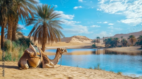 Wallpaper Mural A lone camel resting near a small oasis in the Egyptian desert with palm trees and crystal-clear water. Torontodigital.ca