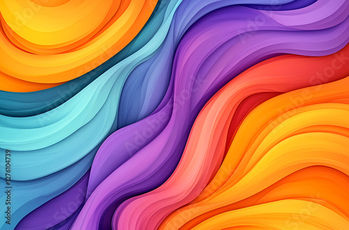 Colorful abstract background with wavy shapes and gradients, featuring a purple, orange, yellow, and blue gradient in a paper-cut style.