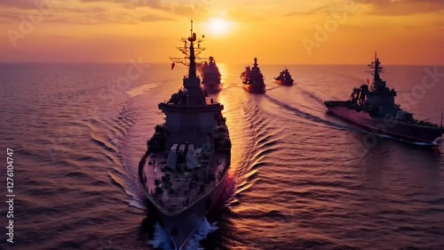 Fleet Of Warships At Golden Sunset