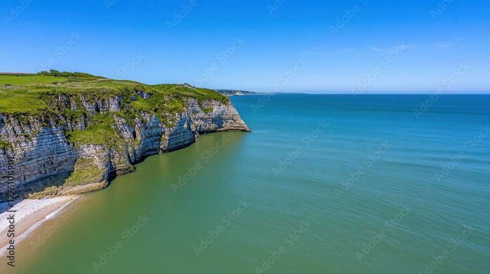 Obraz premium High angle view of a dramatic coastal scene featuring white cliffs, green vegetation, and a calm sea under a bright blue sky. The image showcases the