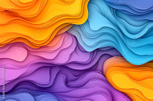 Colorful abstract background with wavy shapes and gradients, featuring a purple, orange, yellow, and blue gradient in a paper-cut style.