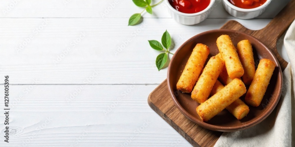 Golden-brown crispy fried appetizers served on rustic plate with dipping sauces
