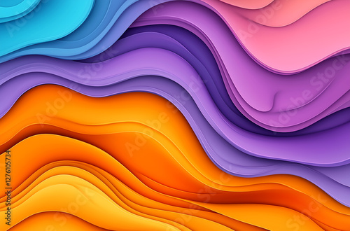 Colorful abstract background with wavy paper-cut shapes in purple, orange, and blue colors.
