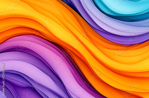 Colorful abstract background with wavy shapes and gradients, featuring a purple, orange, yellow, and blue gradient in a paper-cut style.
