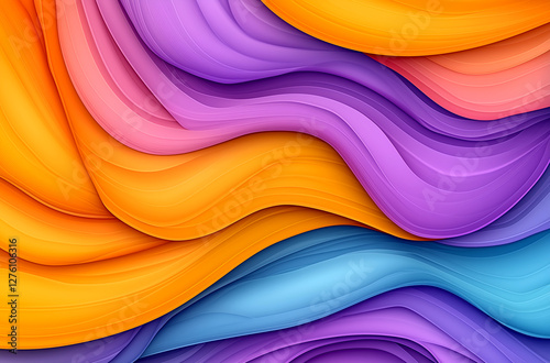 Colorful abstract background with wavy shapes and gradients, featuring a purple, orange, yellow, and blue gradient in a paper-cut style.