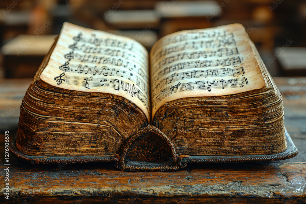 Obraz premium open book with music notes on aged pages, resting on wooden surface, evokes sense of nostalgia and creativity