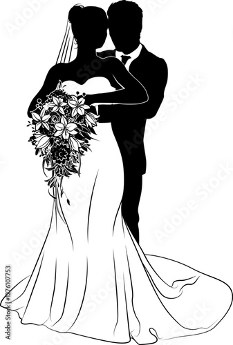 Bride and groom couple silhouettes. Woman in a bridal wedding dress