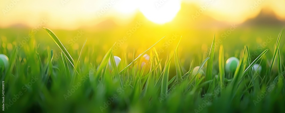 Fototapeta premium A serene sunrise casts a warm glow over a field of lush green grass, creating a peaceful and natural atmosphere.