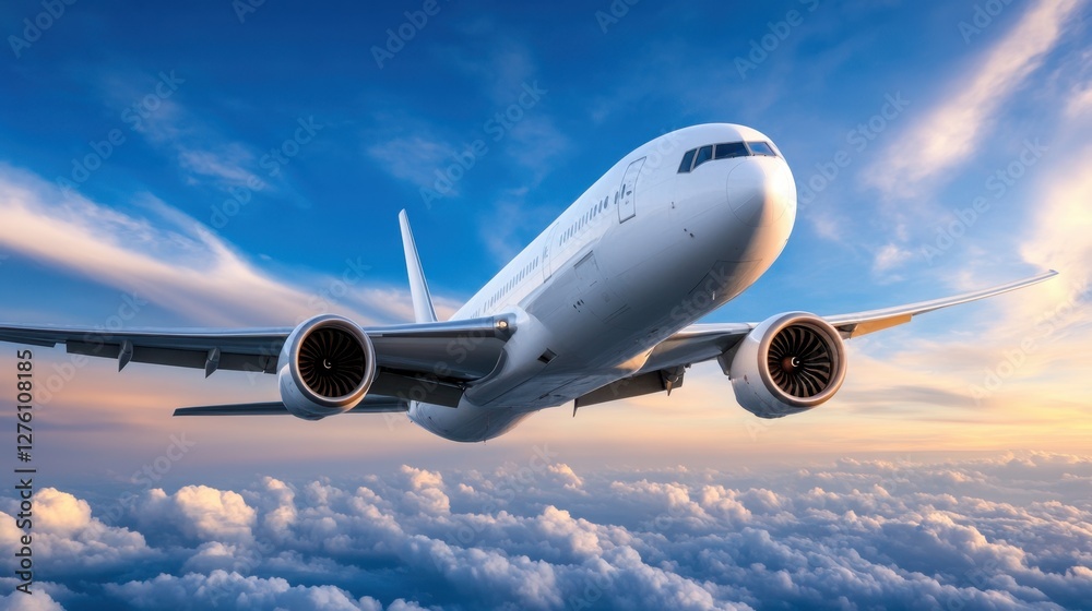 Obraz premium A commercial airplane soaring through a vibrant blue sky with fluffy white clouds below, bathed in the warm glow of sunset creating a serene travel