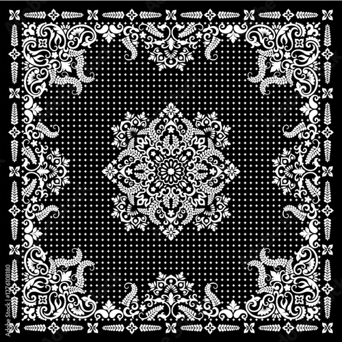 Vector ornament bandana Victorian print. Damask pattern flowers, leaf, decorate with Victorian leaf frame. Best motive for scarf, Hijab, kerchief, and carpet.
