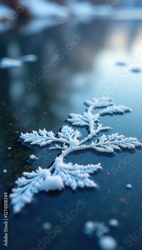 Frozen pond with lacy ice crystals forming miniature leaves on the surface, water bodies, winter landscapes