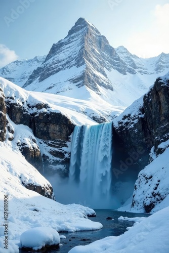 Snow-covered mountains with a frozen waterfall cascading down, breathtaking, peaceful, snow