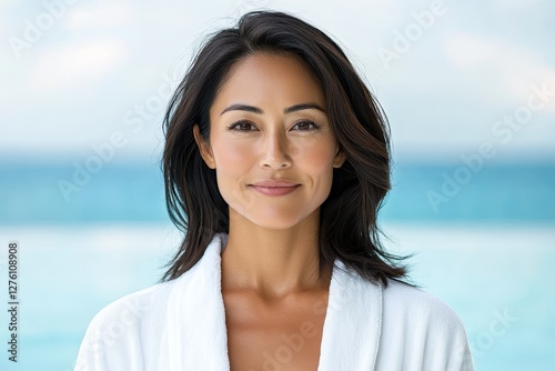 portrait of brunette Asian woman 40 years old in white bathrobe against pool Free Download portrait of brunette Asian woman 40 years old in white bathrobe against pool - GFXLoad