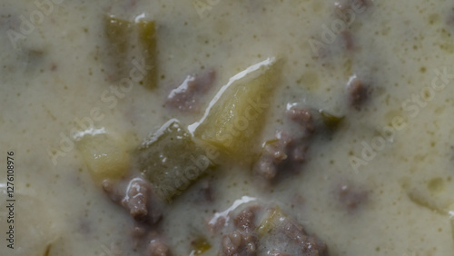 Festliche Hackfleisch-Lauch-Suppe mit Kartoffelstücken für kalte Tage photo