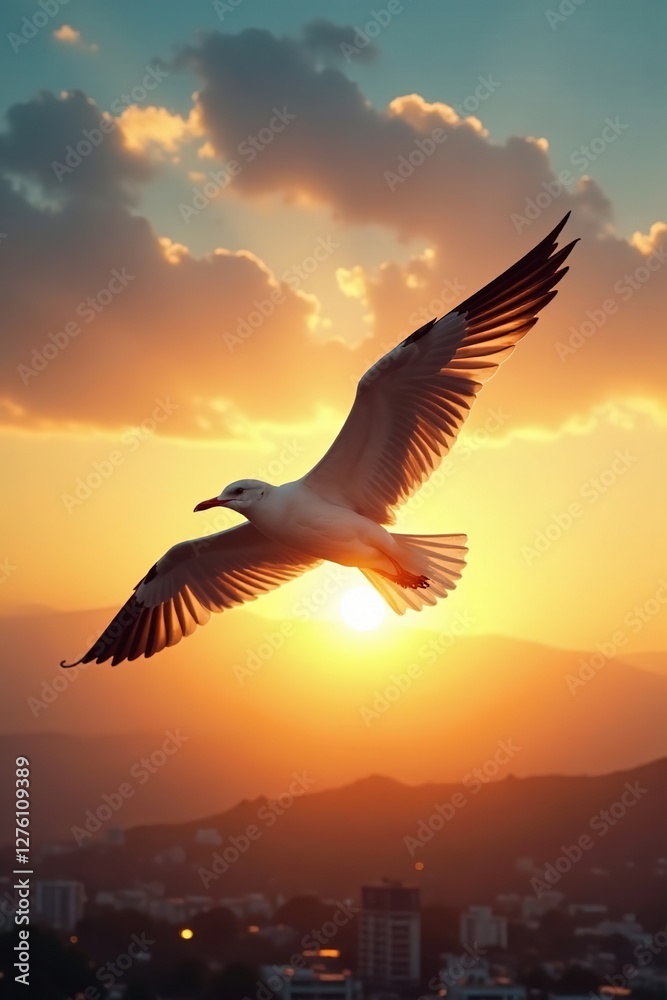 Naklejka premium Gaviota volando con la luz del atardecer a trav?s de su cuerpo, aves, luz