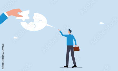 Complete communication speech bubble, solve or help employee communicate with dialogue puzzle, discussion or negotiation skill concept, businessman hand help connect jigsaw on speech bubble.
