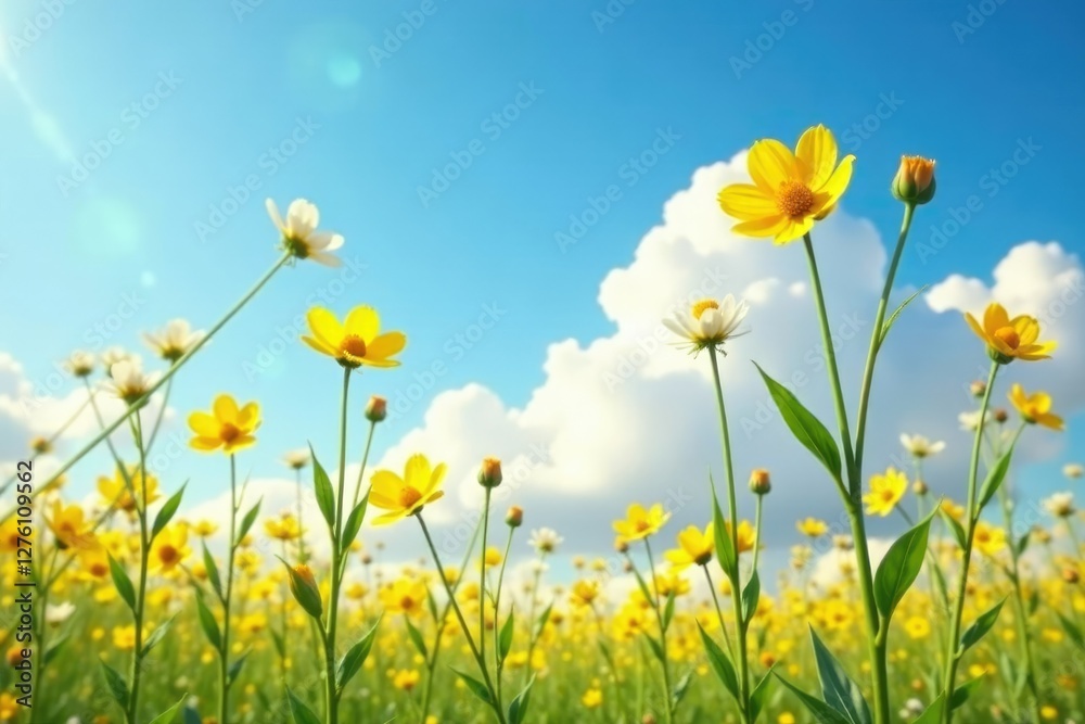 Fototapeta premium Tall yellow flowers with bright golden centers on a clear blue sky with fluffy white clouds, nature, golden