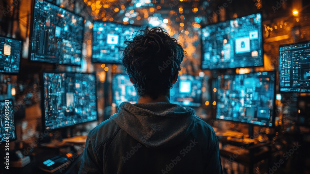 Hacker in a dark room with multiple monitors displaying encrypted codes and digital locks Hacker in a dark room with multiple monitors displaying encrypted codes and digital locks