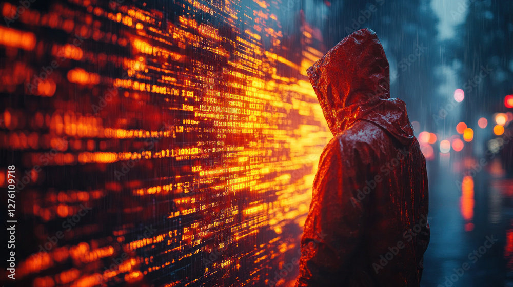 Fototapeta premium Hacker using advanced tools, a cyberattack visualized as lines of encrypted data flowing rapidly