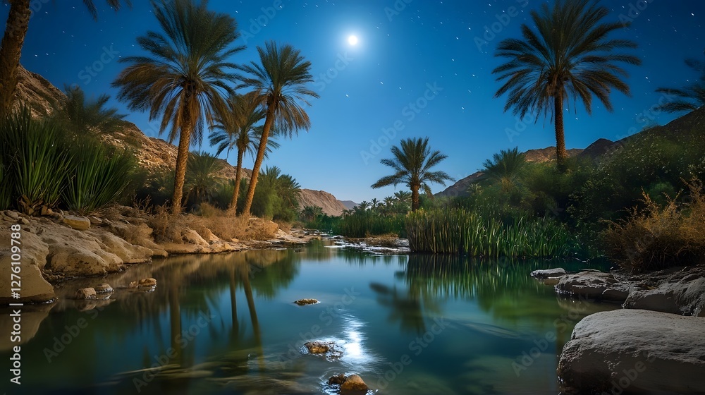 Obraz premium Serene Night Landscape Featuring Palm Trees by a Tranquil River Under a Bright Moonlit Sky