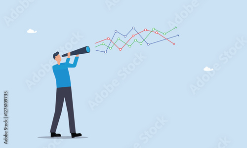 Leadership vision or discover investment plan concept, forecast or prediction to see or analyze future opportunity, forwarding data analysis, businessman look through telescope to see forecast chart.