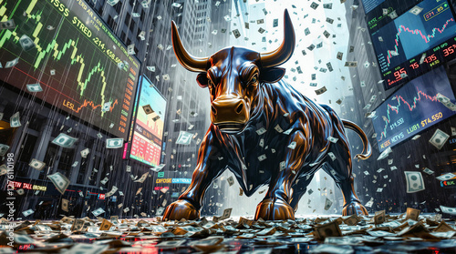 Estátua dourada de touro em Wall Street cercada por notas de dinheiro e gráficos financeiros, simbolizando poder, riqueza e o mercado de ações.