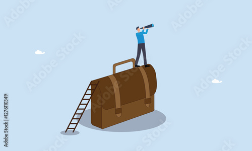 Hope for work success or search for career path, career future, job promotion or business strategy concept, ambition to find work opportunity, businessman climb up on briefcase see through binoculars.