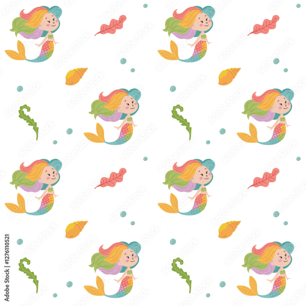 Obraz premium Seamless pattern with cute cartoon mermaids and sea shells. Vector for printing on children's products. 