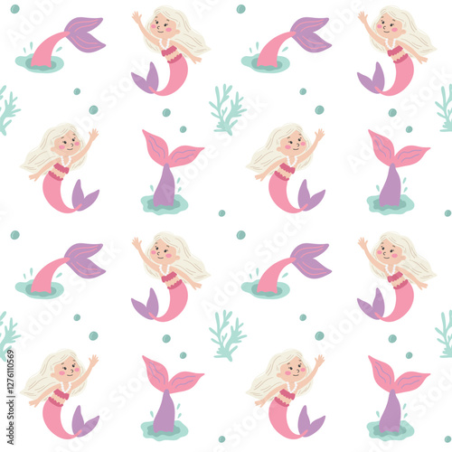 Seamless pattern with cute mermaids.  Underwater pattern. Ocean pattern. Fairy tale pattern. Vector illustration.