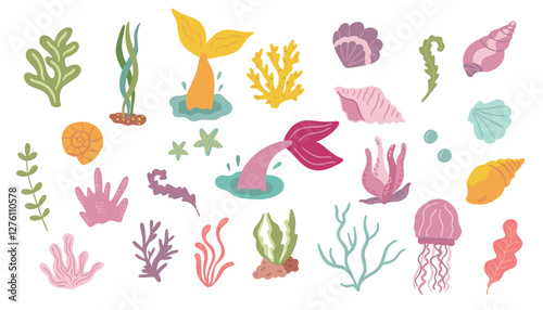 Set of hand drawn seaweeds and seashells. Vector illustration.