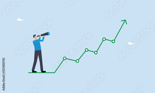 Business growth or earning increase concept, economy prediction or forecast, vision or analyze future, investment upside potential, businessman look through telescope to see investment growing graph.