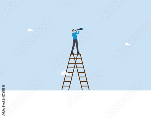 Success ladder for business opportunity, eadership discovery or searching for success concept, looking for new job or career path, smart businessman stand up ladder look through telescope visionary.