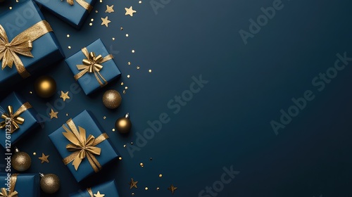 The Christmas background is dark blue and it features gift boxes and gold baubles. It is presented in a flat lay style with a top view and empty space for adding text or other elements.