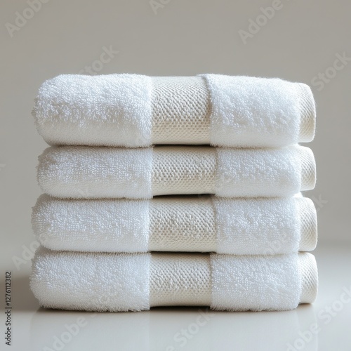 A neatly folded soft white towel stack, ultra-realistic fabric textures, white background --no background