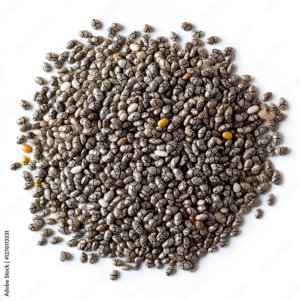 Close-up of a pile of chia seeds against a white background. Close-up of a pile of chia seeds against a white background.