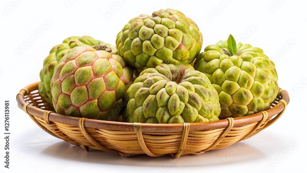 Fototapeta premium Close-up Ripe Custard Apple in Bamboo Basket – High-Resolution Stock Photo