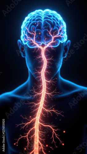Vagus Nerve Stimulation (VNS) illustrated with a visual representation of nerve activity flowing from the brain down through the body.