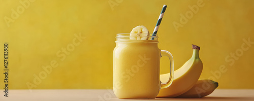 Wallpaper Mural Creamy banana smoothie in mason jar with straw, surrounded by fresh bananas. vibrant yellow background enhances refreshing and healthy vibe of this delicious drink Torontodigital.ca