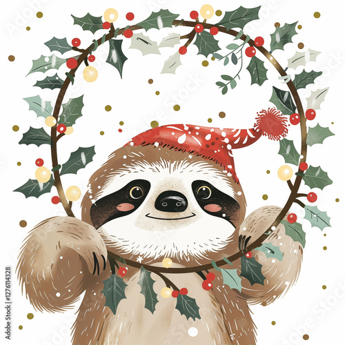 Christmas cute sloth looking through holiday wreath. Ai generated