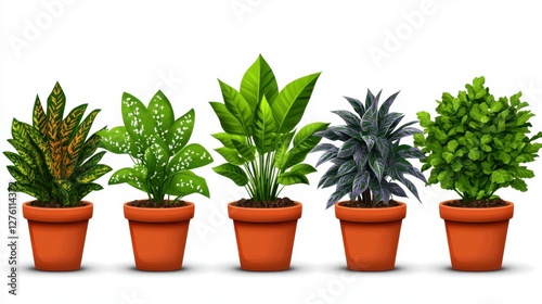 Five potted houseplants in terracotta pots against a plain background. Plants vary in color and foliage, including green, yellow, and purple hues photo