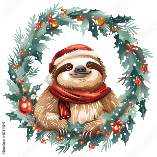 Christmas cute sloth looking through holiday wreath. Ai generated